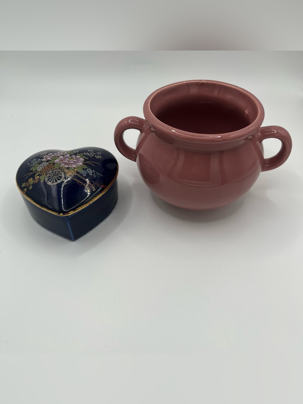 Vintage Decor Ceramic Rose Vanity Jar Blue Floral Trinket Dish Bundle of 2
